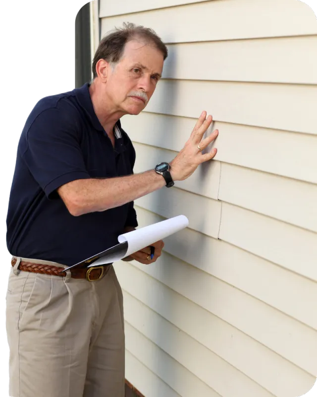 Home inspector examining exterior siding of a house — representing thorough and reliable home inspections in Polk County, FL.