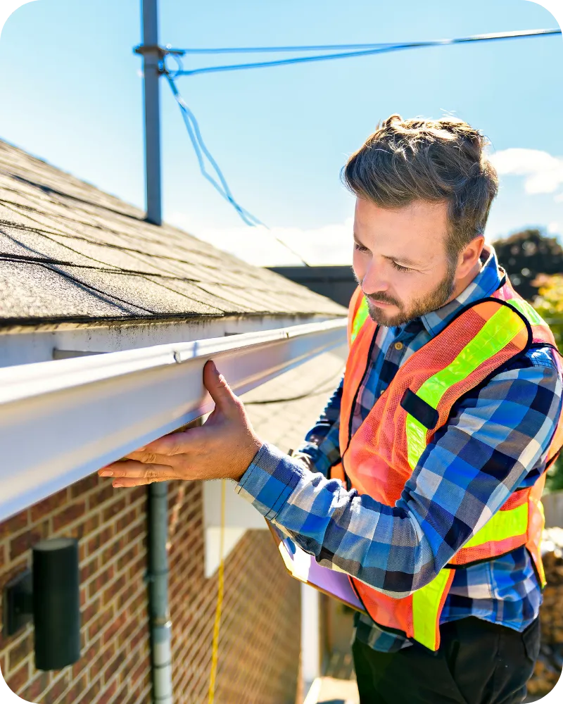 Home inspector wearing safety vest examining roof gutters during a detailed home inspection in Central Florida.