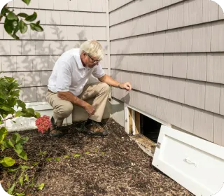 Home inspector examining the exterior foundation vent of a house during a 4-point inspection in Orlando.