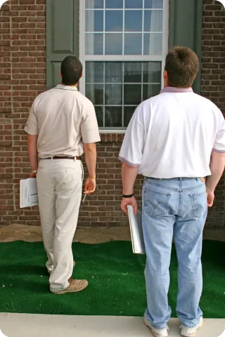 Two home inspectors reviewing a roof and exterior wall during a roof certification inspection in Central Florida.