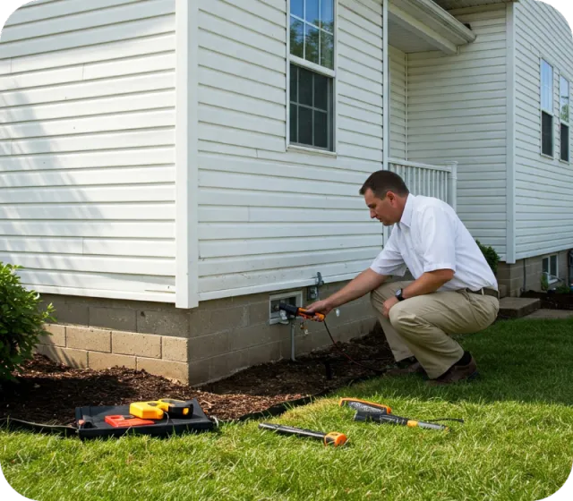 Home inspector examining the foundation and exterior wall of a house during a home inspection in Dundee, Polk County, FL, demonstrating the professionalism of A.C.F. Home Inspections.