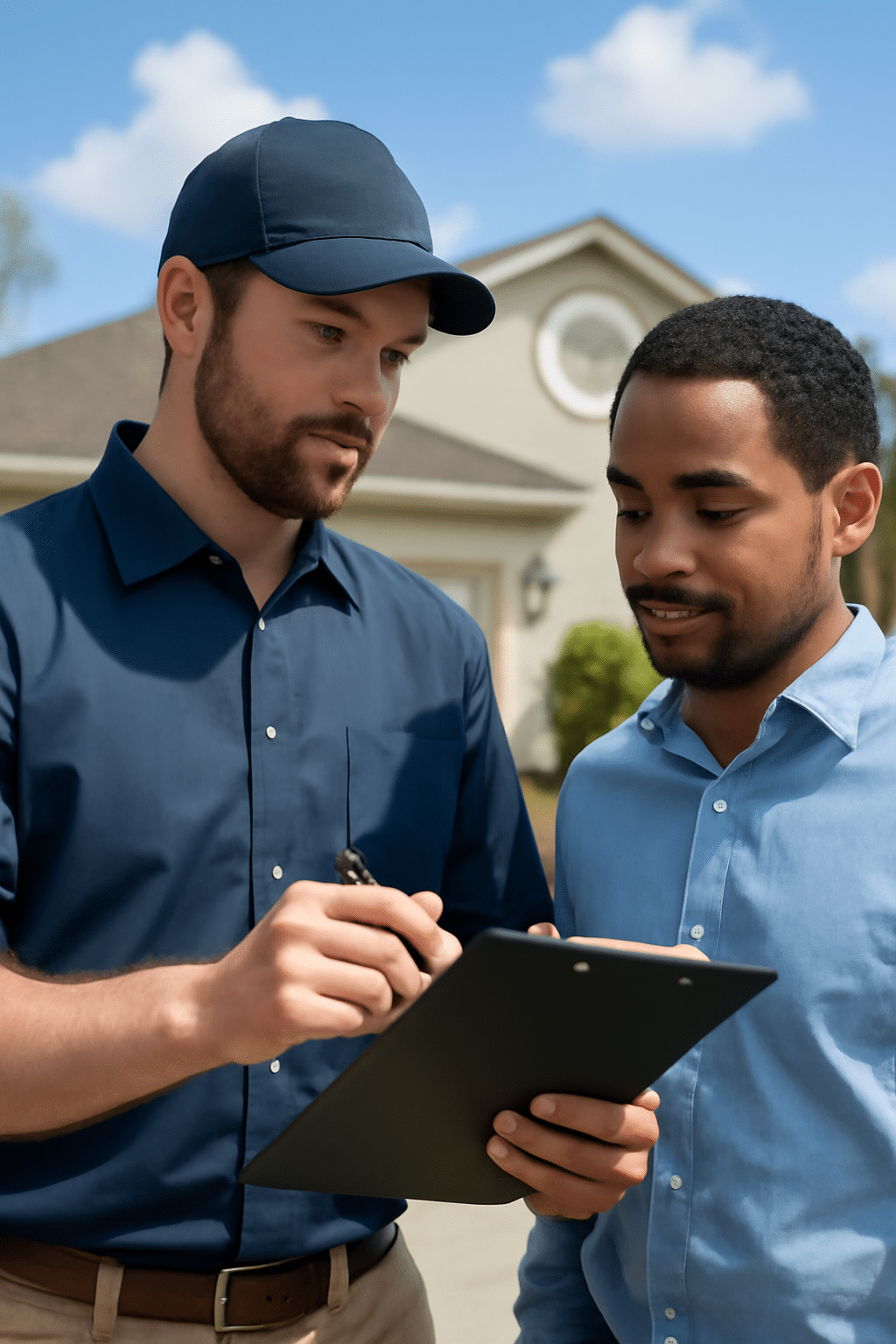 Certified home inspector discussing findings with a homeowner outside a suburban property in Orlando, FL, with a well-maintained house and palm trees in the background.