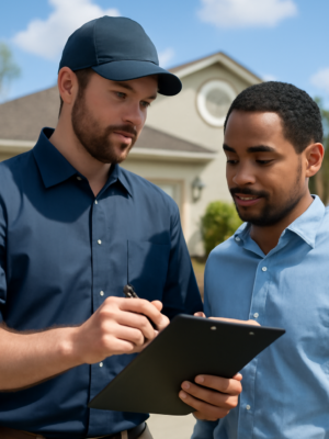 ACF Home Inspection - Orlando Home Inspector Certified home inspector discussing findings with a homeowner outside a suburban property in Orlando, FL, with a clear sky and well-maintained landscaping.