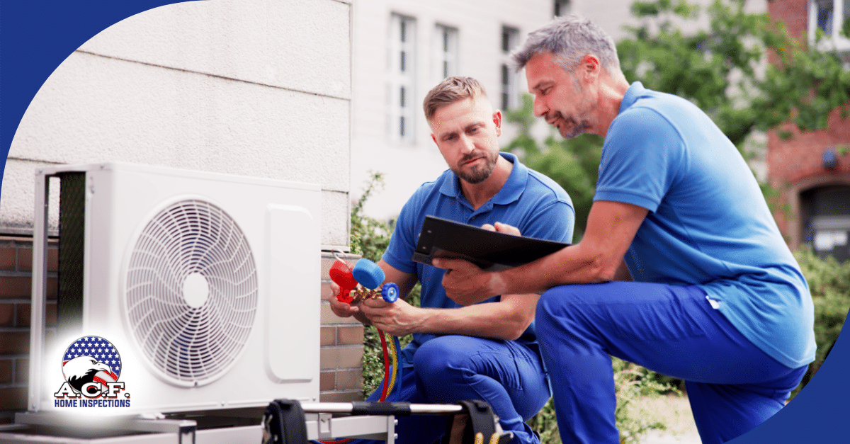 A.C.F. Home Inspections FL Two inspectors checking an outdoor HVAC unit.